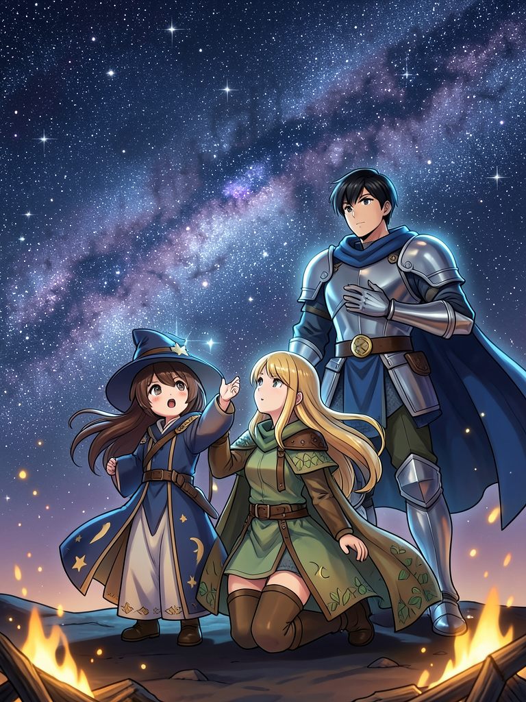星空の下で焚き火を囲む3人のパーティのRPGイラスト