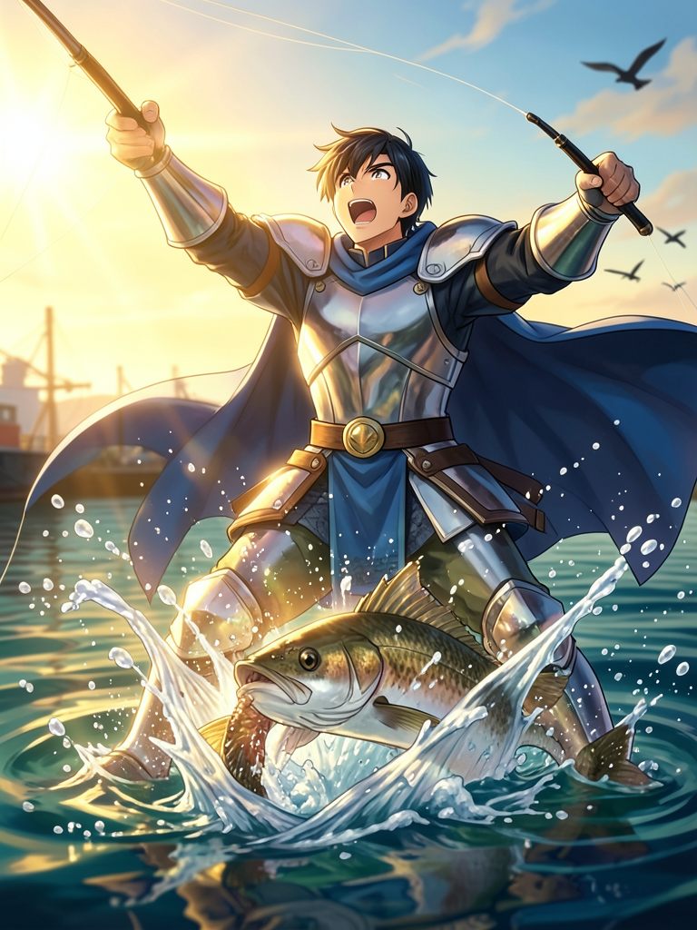 朝の海で大物を釣り上げる剣士