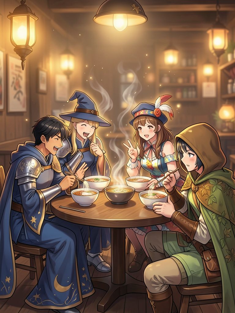 酒場で麺を囲む4人のパーティ