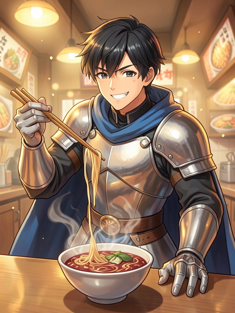 酒場でラーメンを食べる剣士のRPGイラスト